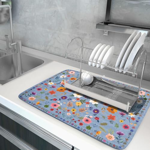Colorful Flower Dish Drying Mat - Blue Large Floral Coffee Mat for Kitchen Counter Decor 18 X 24 - color: Wildflowers Blue, size: 24" x 18"