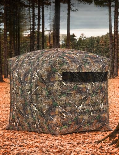 Hunting Blind 270 Degree See Through Ground Blind for Turkey Deer Hunting, 2-3 Person Camouflage Pop Up Hunting Blinds Ground Waterproof Portable Concealed Shelter with Silent Door and Carrying Bag