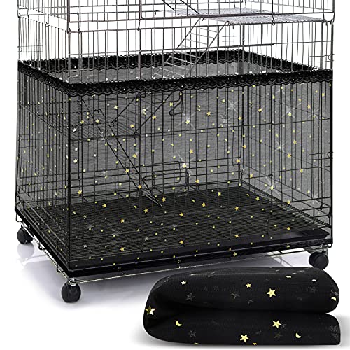 Shappy Large Bird Cage Birdcage Nylon Mesh Net Cover Seed Feather Catcher Universal Birdcage Cover Bird Seed Guard Skirt for Parakeet Macaw African Square Cage (Black Star Style, XL)
