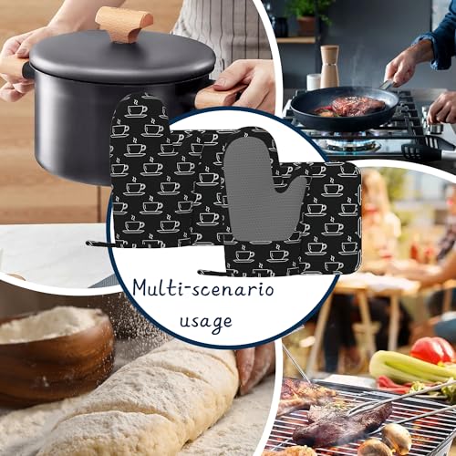 Tea Cups Oven Mitts and Pot Holders Sets,Extra Long Black Kitchen Mittens for Cooking,Thick Cotton Heat Resistant Silicone Cooking Utensils Set for Baking Cooking Grilling - color: Tea Cups
