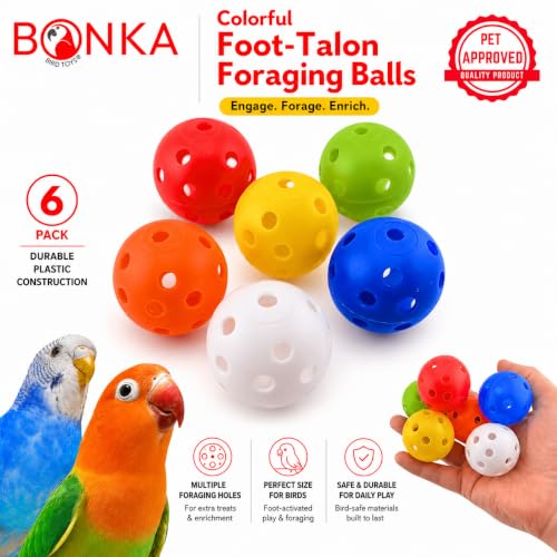 Bonka Bird Toys 2831 Pack of 6 Small Colored Plastic Balls 1.5" Diameter Durable Plastic Foraging and Foot Talon Toys for Extra Small Small Medium Birds DIY Bird Toy Parts