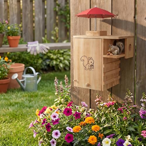 Outdoor Extra Large Wooden Squirrel House Protective Nest Box with Feeder | Natural pine, weatherproof. Backyard shelter for squirrels, chipmunks, birds. Easy mount. Size 24.8x11x15.7in - size: XL