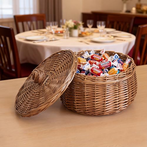 Handwoven Round Wicker Egg Basket with Lid for Kitchen & Fruit | Small Round Rustic Storage for Countertop, Pantry, Farmhouse & Bedside Table Use
