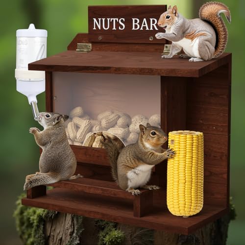 Hanging Squirrel Feeder for Outside with Picnic Table Design & Detachable Water Bottle - Funny Squirrel Picnic Table, Wooden Chipmunk Feeder for Backyard, Garden, Patio - No Assembly Required - Walnut