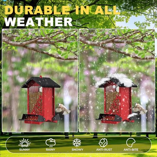 Squirrel Proof Bird Feeder for Outdoor Hanging,Metal Bird Seed Feeder with Bilateral Weight Activated Perches,5LB Large Capacity Wild Bird Feeders for Outside,Easy Refill and Clean,Red - color: Red