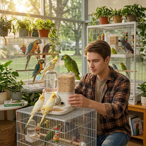 2-in-1 Automatic Bird Feeder and Water Dispenser, 250ml Gravity Water Station & 300g Seed Feeder for Cage Birds, No-Spill Feeding System for Budgies, Parakeets, Finches and Small Birds
