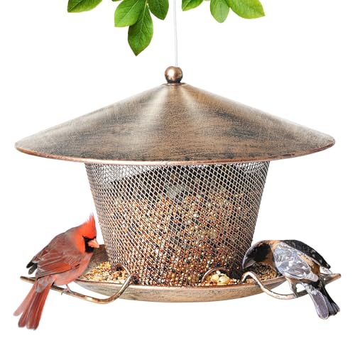 Metal Bird Feeder for Outdoor Hanging 9.8" Roof 3 LBs Seeds Capacity | Heavy Duty, Rainproof, Weatherproof, Rustproof, Large Dome, 360° Feeding, Attracts Various Birds, Easy to Refill & Clean