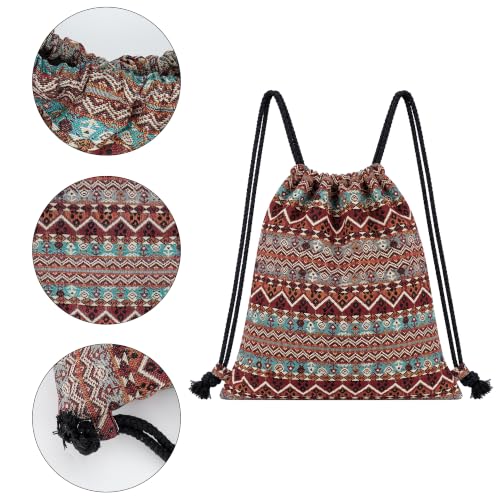 Van Caro Bohemian Drawstring Backpack Light Cinch Bag Gym Sack String Bag - color: D-black