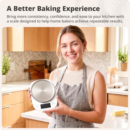 Greater Goods Digital Kitchen Scale for Baking, Sourdough, 11lb Capacity | Weigh Flour, Sugar & Batter in g, oz, ml or fl oz, Tap to Tare, Hold Function & Auto-Off, Stainless Steel Top & Storage Bag - color: White