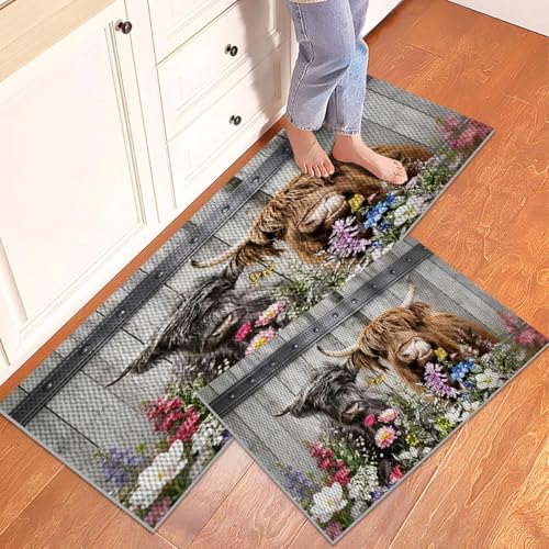Farmhouse Kitchen Rugs Set of 3, Non Slip Washable Durable Stain Resistant Floor Mat Set,Highland Cow Floral Fence Retro Kitchen Runner Rug 16"X24"+20"X32"+20"X47" - color: Multicolour-highland Cow Floral