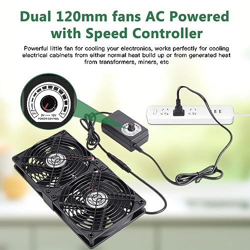 2 x 120mm 240mm Computer Fan with AC Plug, 110V - 240V AC Powered Fan with Variable Speed Controller for Receiver Cabinet Chassis Machine Server Workstation Cooling - size: 9.5x4.7x1.0in