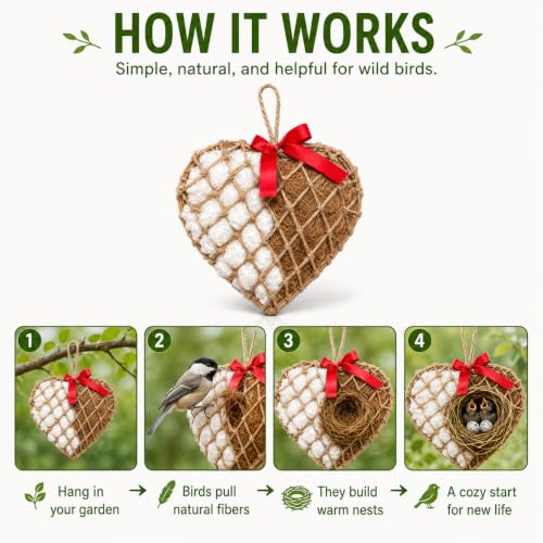 Bird Nesting Material Holder, Hanging Nesting Material Dispenser, Bird Nest Builder with Natural Cotton & Coconut Fiber, Heart Shaped Rattan Holder for Bluebirds, Chickadees, Finches
