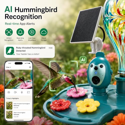 Hummingbird Feeder with Camera, Solar Powered 2K Smart Bird Feeder | AI Bird Recognition, Solar Powered, 2K Camera, Hand-Blown Glass Design, Leak-Proof, Bee Resistant, Easy to Clean