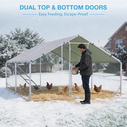 Large Metal Chicken Coop, Outdoor Chicken Run with Cover, 10x13x6.5 FT | Heavy-Duty Poultry Enclosure & Chicken Pen with Split Doors, Galvanized Steel Frame, Free Wire Mesh Fence and Roosting Ladder - size: 118.1"L x 78.7"W x 157.5"H