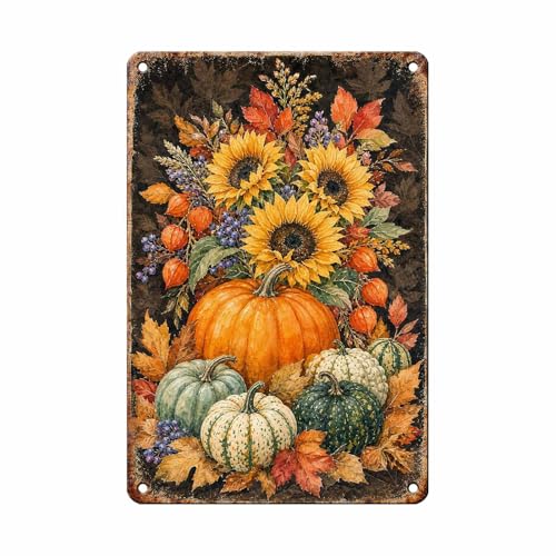 Watercolor Pumpkin Sunflower Autumn Leaves Tin Sign Rustic Fall Wall Art Decor for Living Room Kitchen Dining Room Porch and Entryway Wall Art Decor 12 * 8In - color: Vintage Thanksgiving Tin Sign 18, size: 20X30cm(12*8in)