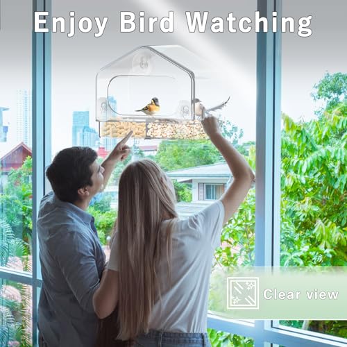 Clear Window Bird Feeder with 3 Strong Suction Cups and Detachable Seed Tray, Sturdy Acrylic Bird Feeders for Viewing Wild Birds Outside, and Garden Decor, Outdoor Birdhouse Feeder