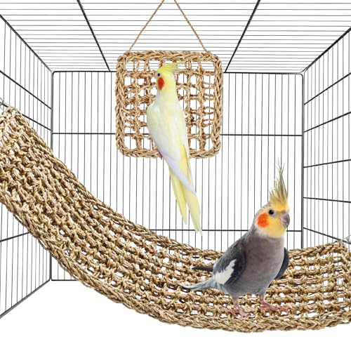 2Pcs Natural Sea Grass Parrot Mat - Foraging Chew Wall Toy with Climbing Rope & Hook, Hanging Play Pad for Lovebirds/Cockatoos/Budgerigars/Conures/Pigeons | 2 Sizes29.53x6.89 &7.48x7.48 Inches