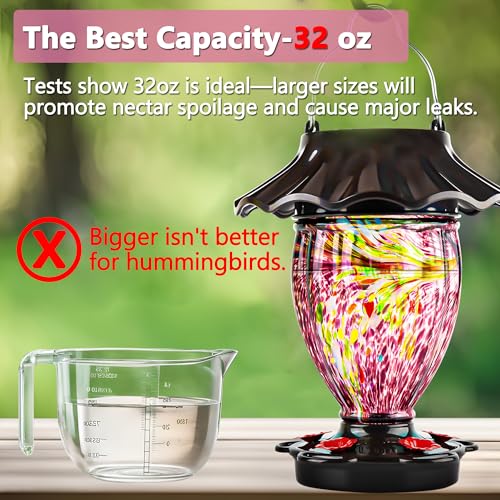 LUJII Solar Powered Hummingbird Feeder for Outside Hanging, Trophy Shaped Hand Blown Glass, Weatherproof, Lighted Lantern for Garden Decor, 32 fl.oz, Never Leak, Unique Gift for Bird Lover(Purple) - color: Purple
