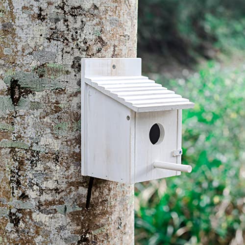 Wooden Bird House for Outside with Perch - Weatherproof Hanging Birdhouse for Finches, Bluebirds, Cardinals - Outdoor Garden Birdhouse with Easy Clean Design - color: White