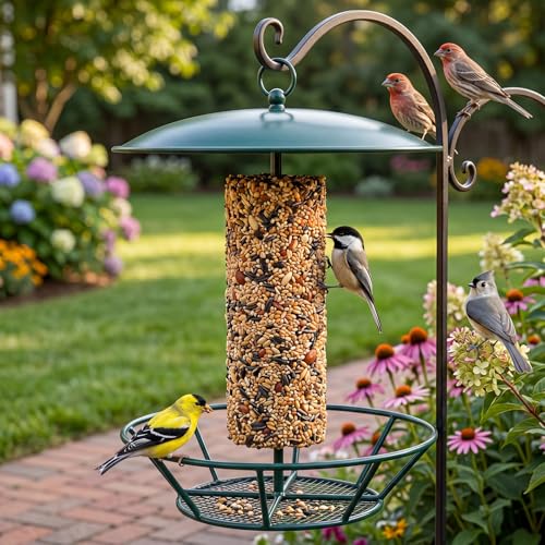 Bird Seed Cylinder Holder Wild Bird Feeder for Suet Cakes,Dark Green | Hanging Hanger with Roof, Metal Mesh Holds Round Suet Cakes, Attracts Backyard Wildlife to Garden Outdoor Feeding Station - color: Dark Green