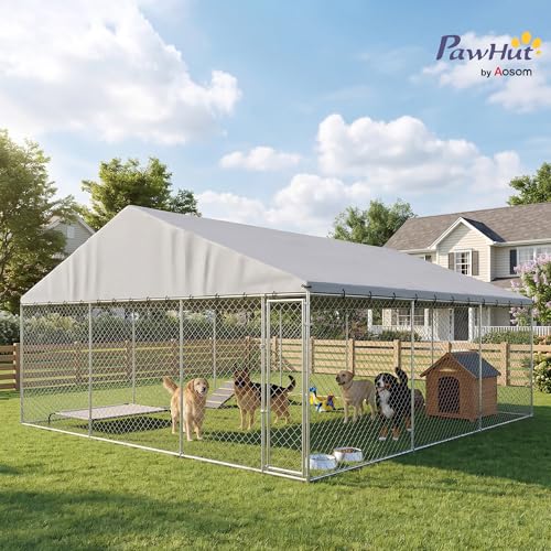 PawHut Outdoor Dog Kennel, 20' x 20' x 10', Waterproof Roof for Large Dogs | Heavy Duty Galvanized Chain Link Pet Enclosure, Secure Lock for Chicken, Duck - size: 236.2"L x 236.2"W x 106.3"H