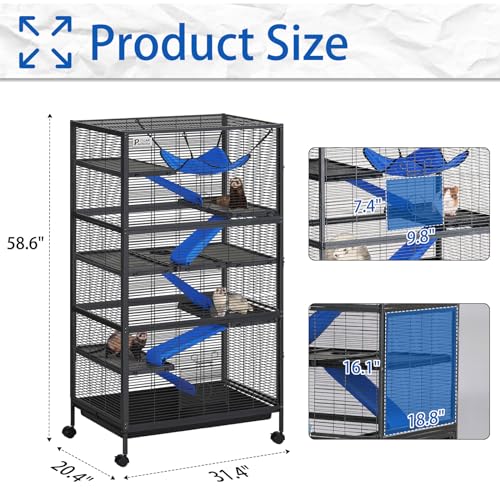 Polar Aurora Metal Small Animal Cage, 59" H Ferret Cage with Lockable Wheels, Deluxe Chinchilla Cages with Hammock and Removable Tray, 6 Tiers Animal Cages for Pets - size: Extra Large