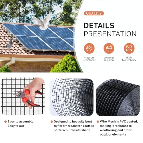 Solar Panel Bird Guard Kit, 6in x 100ft PVC Coated Heavy Duty Steel Mesh with 60 PCS Clips, Pigeon & Squirrel Critter Guard, Roof Protection Net, Rodent Prevention System for Solar Panels