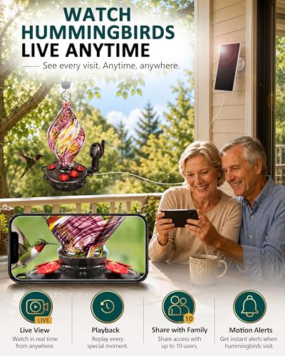LUJII Smart Hummingbird Feeder with Camera, Hand Blown Glass for Outdoor Hanging, Solar WiFi Feeder with Live View App, 6 Feeding Ports, Leak-Resistant Design, Ant Moat & Gift Box, 28 fl oz, Purple - color: Purple, size: Large