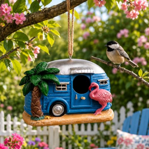 Coastal Flamingo Camper Birdhouse, Hand Painted Resin Bird House for Outdoors, Waterproof Hanging Garden Decor for Patio, Backyard & Tree - style: flamingo