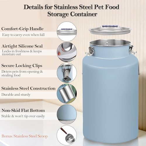 30lb Stainless Steel Dog Food Storage Container with Lid and Scoop | Airtight Metal Pet Food Storage, Large Capacity, Durable, Rust-Proof, Moisture-Proof, Keeps Kibble Fresh for Daily Use - size: Large
