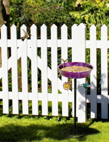 Pedestal Bird Bath for Outdoors - Metallic Purple & Blue 11.5” Metal Birdbath Bowl & Feeder Freestanding Garden Decor Yard Art (26” Tall, 0.7 Gallon)