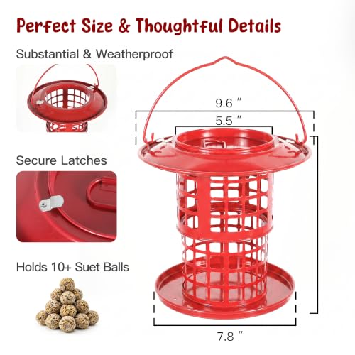 KOL Metal Suet Ball Feeder for Birds – Single-Layer Expandable Design Suet Bird Feeder, Heavy-Duty Wild Bird Feeder with Secure Lid, Large Capacity for Backyard (Red) - color: Red