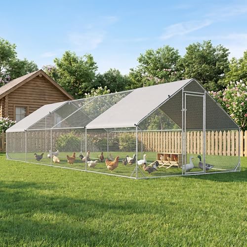 PawHut Large Chicken Coop Metal Chicken Run with Waterproof and Anti-UV Cover, Spire Shaped Walk in Fence Cage Hen House for Outdoor and Yard Farm Use, 1" Tube Diameter, 9.8' x 26.2' x 6.6' | Metal Chicken Run, Lockable Door, Spire Shaped Walk in Hen Hous