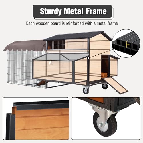 Portable Chicken Coop with All-Around Metal Frame & Super Large Wheels, 76.7" L Hen House with Metal Run, Mobile Poultry Cage with 6 Nesting Boxes for 6-8 Chickens