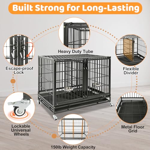 Homey Pet Taller 43" Two Tiers Dog Crate Cage Kennel with Divider, 2 Pack | Commercial Modular Dog Kennel with Dual Front Doors, Divider, Auto Locks, Removable Tray, Bowls for Small and Medium Dogs - size: 43"L - 2 Tiers - 2 Pack