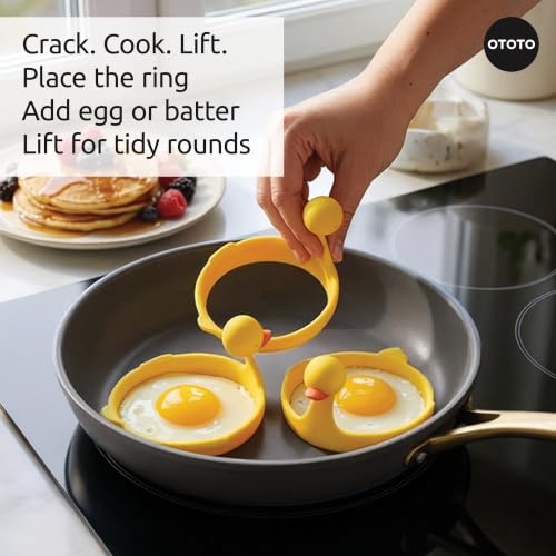 OTOTO Egg Rings 3 Pack - Silicone Egg Separators with Duck Holders, Egg Circle Mold Set, Egg Ring for Sandwiches, Pancake Molds & Fried Eggs, Unique Kitchen Gadgets, Fun Gifts (Sunny Side Duck) - color: Yellow