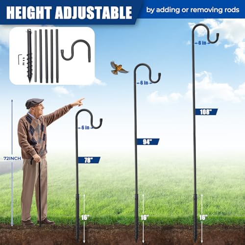 Bird Feeder Pole, 108" Shepherds Hooks for Outdoor with Anchor Base for Hanging Plants, 4/5 Inch Diameter Metal Shepherd Hook Hanger Stick for Hanging Bird Feeders, Wind Chimes