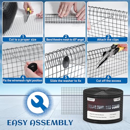 Solar Panel Bird Guard 8 in x 100 ft for Squirrel, Bird, Critters Proofing | Critter Guard for Solar Panels with 100 Pcs Stainless Steel Fasteners, Removable PVC Coated Pigeon Netting Wire - size: 8inch x 100ft