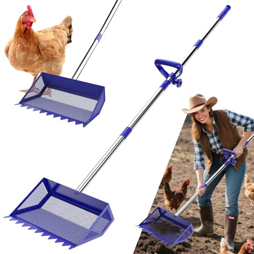 Chicken Poop Scooper Rake 2-in-1,304 Stainless Steel Shovel Head, Chicken Litter Scoop with Handle for Chicken Coop for Sand, Pet Waste Cleaning, Litter Sifting Shovel (35 to 65") (Blue, 10inch) | Chicken Poop Scooper - color: Blue, size: 10inch