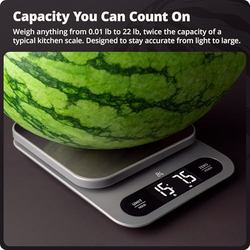 Greater Goods Digital Food Scale for Kitchen & Baking, 22lb High Capacity | Stainless Steel Platform, Hi-Def LCD, 1g Precision, Tare. Weighs g/oz/lb/ml. For Sourdough, Bread & Bulk Cooking, Large Bowls