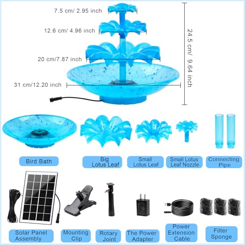 Yeomi 3-Tier Solar Fountain Pump with LED Lights, 24H Outdoor Water Feature, Detachable Design, Multi-Function Bird Bath Water Fountain for Garden Patio Yard Backyard Pond, 3.5W - color: Blue