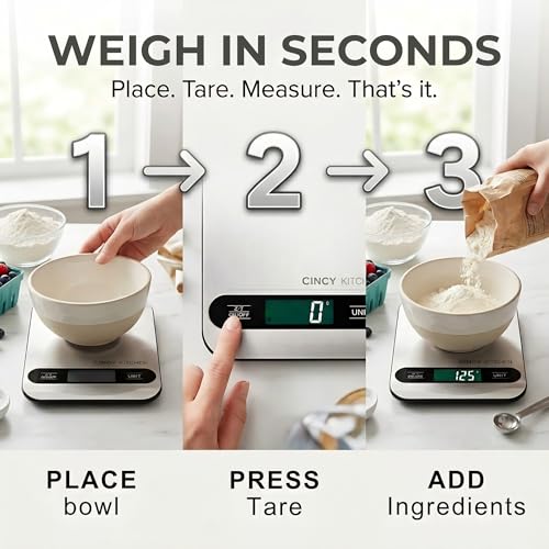 CINCY Digital Food Scale for Kitchen – Stainless Steel Kitchen Scale with Tare Function, Large LCD – Meal Prep, Baking & Cooking Scale - 6 Units (g/oz/lb/ml/kg) -10kg/22lb Capacity, 1g Precision