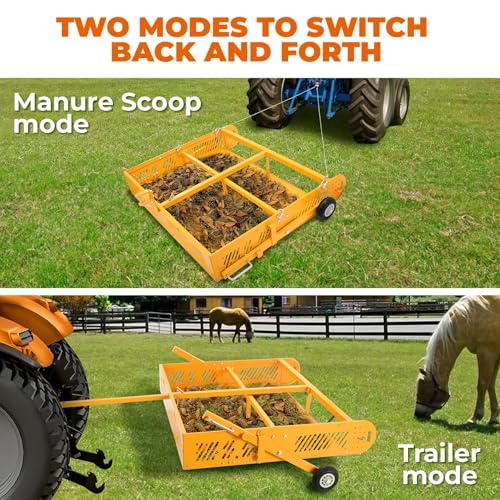 POPMOON 2-in-1 Horse Manure Fork Paddock Cleaner Tow Behind Trailer, 330 lb | Manure Scooper Yard Sweeper for Horse Manure, Heavy Duty Drag Manure Collector Fit ATV UTV Pasture Stable Farm Yard Cleanup - size: 43.5" L -with wheels