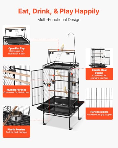 VEVOR Bird Cage, 32.7 x 31.1 x 82.7 inch, Open Flat Top, Wrought Iron Bird Flight Cage with Perches, Slide-Out Tray, Plastic Feeders, for Cockatiel, Monk Parakeet, Amazon Parrot, African Grey Parrot - size: 32.7"L x 31.1"W x 82.7"H