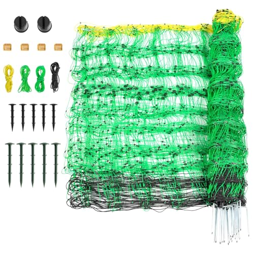Electric Poultry Netting, 49.6" H x 164' L, Electric Chicken Fence with 14 Posts Double Spiked, Utility Portable Mesh for Chickens Sheep Hogs Goats Deer Dogs Lambs Used in Backyards Farms Ranches