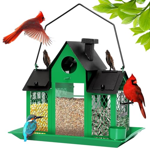 Solar Bird Feeders House for Outdoors Hanging, 7LBS Large Capacity Metal Wild Bird Feeder Squirrel Proof for Outside with Water Cup, Cardinal Birdfeeder Birdhouses Gift for Bird Lovers (Green) | Green,Wild Metal Bird Feeder,7LBS Large Capacity with Water