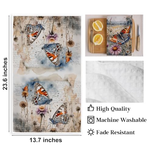 2 Pcs Vintage Daisy Kitchen Towels, Rustic Butterfly Decorative Absorbent Microfiber Dish Cloth Tea Towel, Waffle Soft Hand Towels for Farmhouse Home Bathroom, Butterfly Gifts - color: Multi 0428