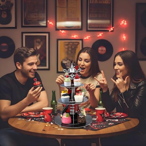 3 Tier Rock and Roll Music Party Decoration Cupcake Stand Music Guitar Cupcake Tower Rock and Roll Cake Holder Retro 1950's Dessert Tower for 50s Retro Hip Hop Birthday Party Supplies - style: Rock