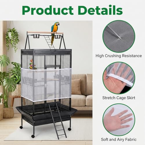 Large Bird Cage Seed Catcher Adjustable Soft Airy Skirt Guard Birdcage Nylon Mesh Net, White Bird Cage Net Cover Skirt Seed Guard for Parrot Parakeet Macaw Round Square Cages