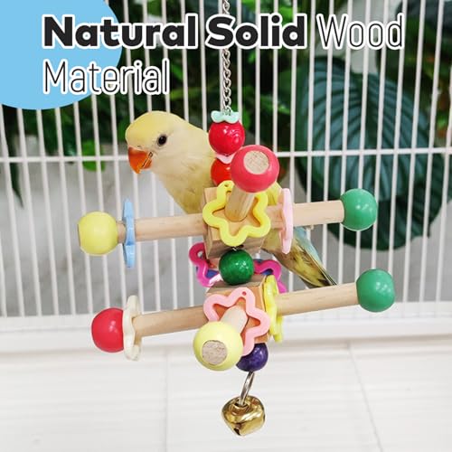 2 Pcs Parakeet Toys, Natural Wood Spinner with Bells, Hanging Cage Accessories for Small Moderate Birds to Relieve Boredom and Anxiety